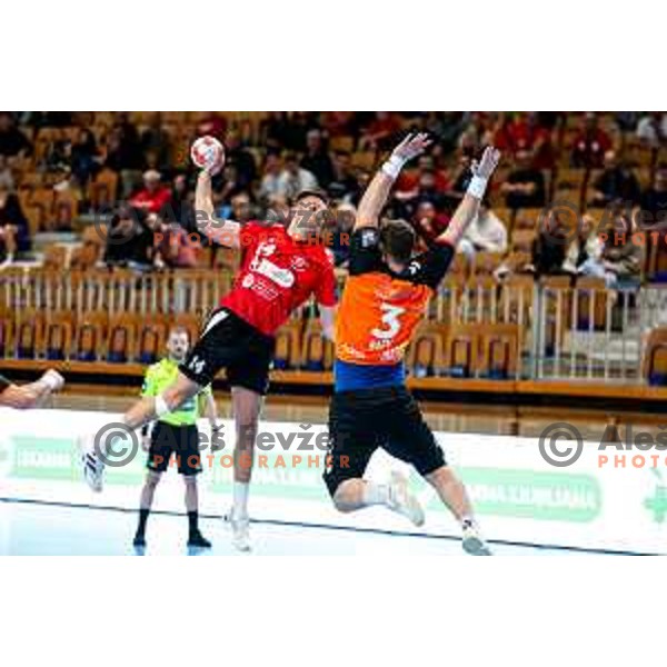 Leon Ljevar in action during EHF European League Men 2025/26 match between LL Grosist Slovan (SLO) and Minaur Baia Mare (ROM) in Tivoli Hall, Ljubljana, Slovenia on October 14, 2025