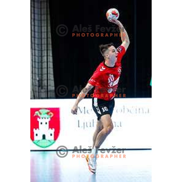 Tim Cokan in action during EHF European League Men 2025/26 match between LL Grosist Slovan (SLO) and Minaur Baia Mare (ROM) in Tivoli Hall, Ljubljana, Slovenia on October 14, 2025