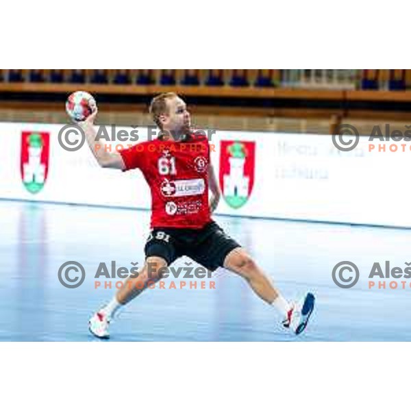 Stas Skube in action during EHF European League Men 2025/26 match between LL Grosist Slovan (SLO) and Minaur Baia Mare (ROM) in Tivoli Hall, Ljubljana, Slovenia on October 14, 2025