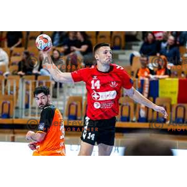 Leon Ljevar in action during EHF European League Men 2025/26 match between LL Grosist Slovan (SLO) and Minaur Baia Mare (ROM) in Tivoli Hall, Ljubljana, Slovenia on October 14, 2025