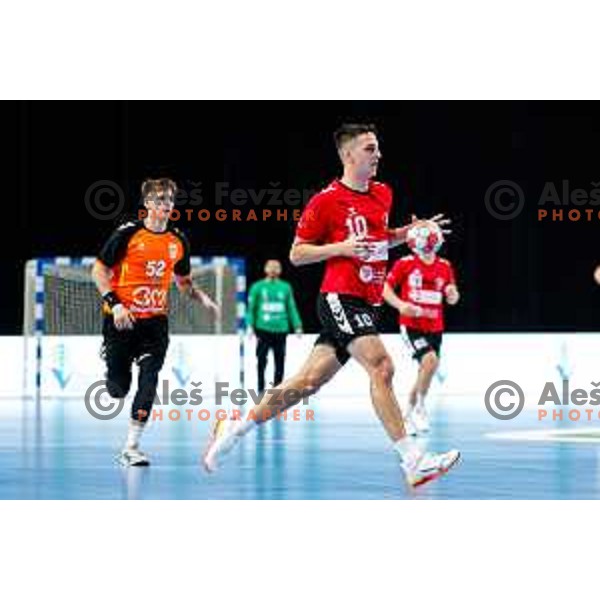 Tim Cokan in action during EHF European League Men 2025/26 match between LL Grosist Slovan (SLO) and Minaur Baia Mare (ROM) in Tivoli Hall, Ljubljana, Slovenia on October 14, 2025