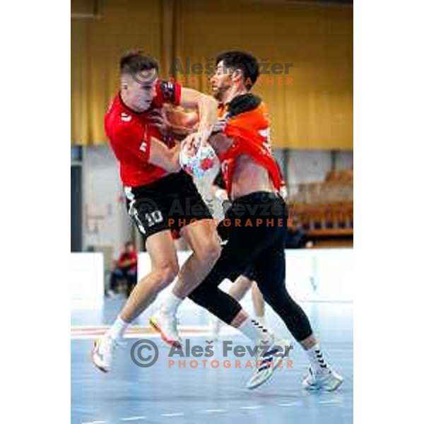 Tim Cokan in action during EHF European League Men 2025/26 match between LL Grosist Slovan (SLO) and Minaur Baia Mare (ROM) in Tivoli Hall, Ljubljana, Slovenia on October 14, 2025
