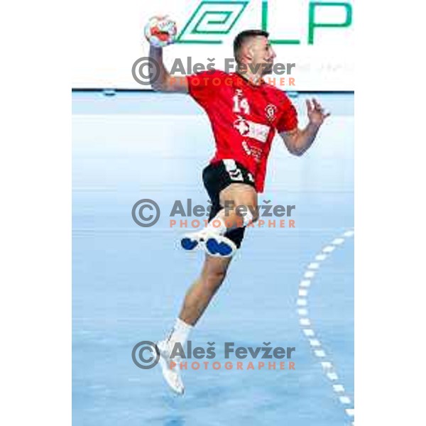 Leon Ljevar in action during EHF European League Men 2025/26 match between LL Grosist Slovan (SLO) and Minaur Baia Mare (ROM) in Tivoli Hall, Ljubljana, Slovenia on October 14, 2025