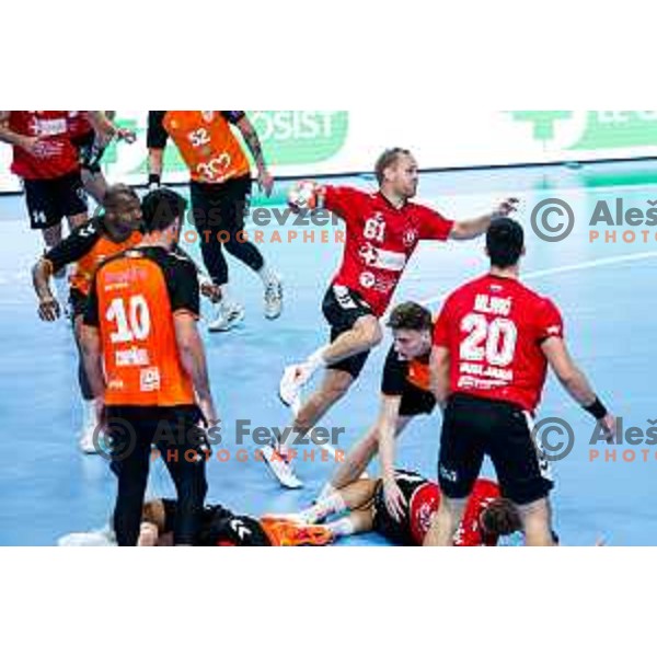 Stas Skube in action during EHF European League Men 2025/26 match between LL Grosist Slovan (SLO) and Minaur Baia Mare (ROM) in Tivoli Hall, Ljubljana, Slovenia on October 14, 2025