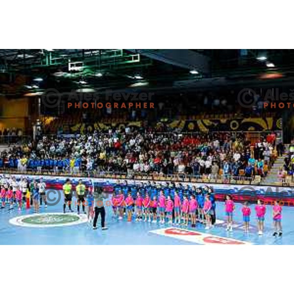Players of Slovenia before the start of the European Championship Women 2026 Qualifiers handball match between Slovenia and Belgium in Arena Bonifika, Koper, Slovenia on October 15, 2025