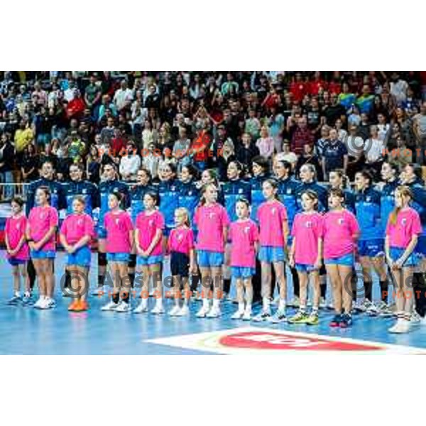Players of Slovenia before the start of the European Championship Women 2026 Qualifiers handball match between Slovenia and Belgium in Arena Bonifika, Koper, Slovenia on October 15, 2025
