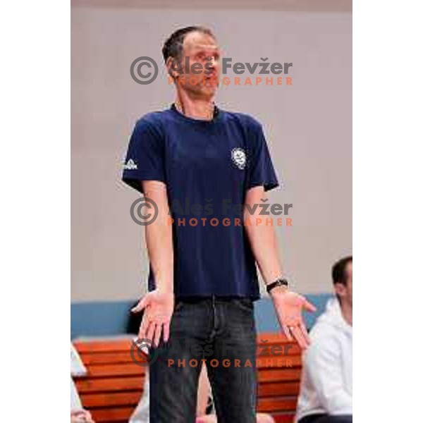Head coach of Jezica, Slavko Duscak in action during 1.SKL League 2025/2026 basketball match between Jezica and Cinkarna Celje in Ljubljana, Slovenia on October 15, 2025. Photo: Filip Barbalic