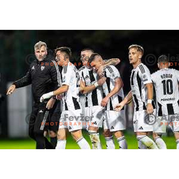 Zeljko Filipovic, Dario Vizinger and Luka Bobicanec and celebrate goal during Prva liga Telemach 2025/26 football match between NK Aluminij and NK Mura in Sportni park Kidricevo, Slovenia on October 17, 2025. Photo: Jure Banfi