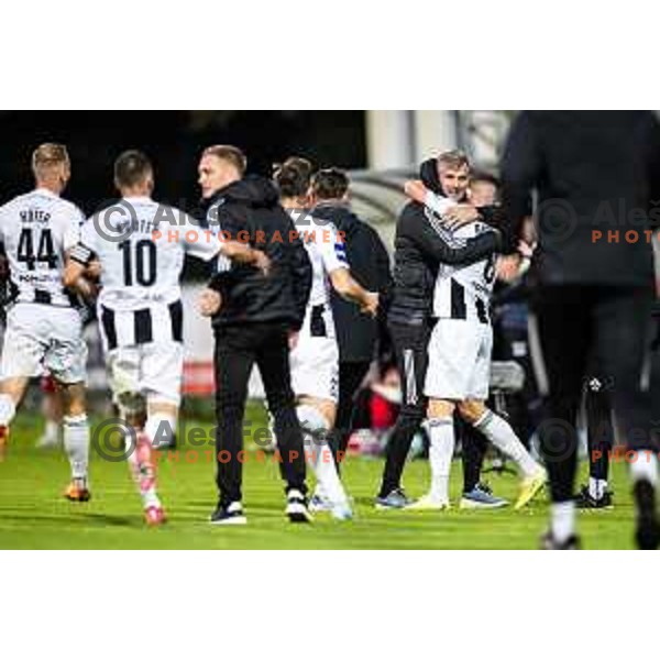 Luka Bobicanec and Zeljko Filipovic celebrate goal during Prva liga Telemach 2025/26 football match between NK Aluminij and NK Mura in Sportni park Kidricevo, Slovenia on October 17, 2025. Photo: Jure Banfi