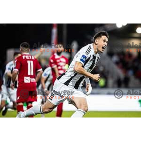 Nejc Ajhmajer celebrates goal during Prva liga Telemach 2025/26 football match between NK Aluminij and NK Mura in Sportni park Kidricevo, Slovenia on October 17, 2025. Photo: Jure Banfi