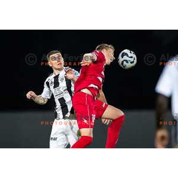 Luka Bobicanec vs Simon Rogina in action during Prva liga Telemach 2025/26 football match between NK Aluminij and NK Mura in Sportni park Kidricevo, Slovenia on October 17, 2025. Photo: Jure Banfi