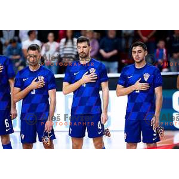 Niko Vukmir, Duje Kostura and Nikola Gudasic of Croatia prior to the Futsal Friendly match between Slovenia and Croatia in Dvorana Kodeljevo, Ljubljana, Slovenia on October 17, 2025. Photo: Filip Barbalic