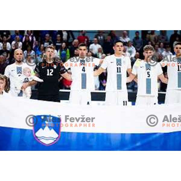 Igor Osredkar, Nejc Berzelak, Max Vesel, Lovro Trdin, Luka Cop of Slovenia prior to the Futsal Friendly match between Slovenia and Croatia in Dvorana Kodeljevo, Ljubljana, Slovenia on October 17, 2025. Photo: Filip Barbalic