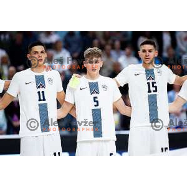 Lovro Trdin, Luka Cop and Tilen Rajter of Slovenia prior to the Futsal Friendly match between Slovenia and Croatia in Dvorana Kodeljevo, Ljubljana, Slovenia on October 17, 2025. Photo: Filip Barbalic