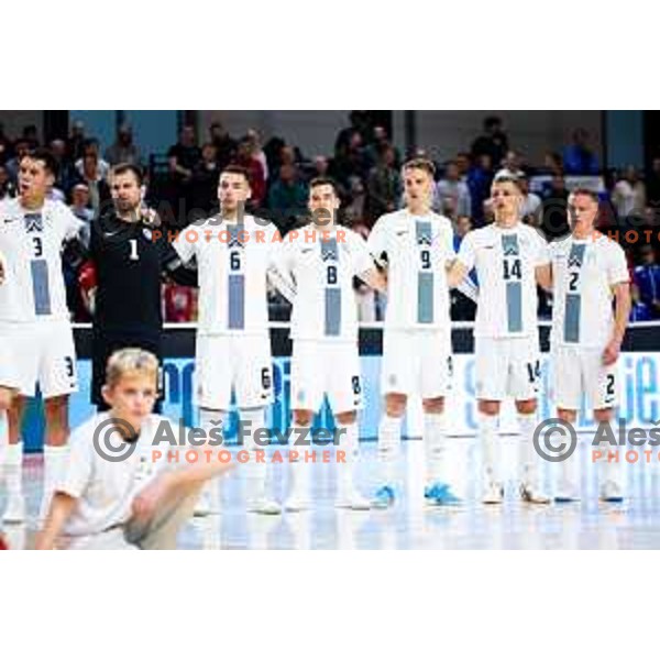 Uros Djuric, Marko Pecek, Denis Knezevic, Nejc Hozjan, Jeremy Bukovec, Matej Fidersek and Teo Turk of Slovenia prior to the Futsal Friendly match between Slovenia and Croatia in Dvorana Kodeljevo, Ljubljana, Slovenia on October 17, 2025. Photo: Filip Barbalic