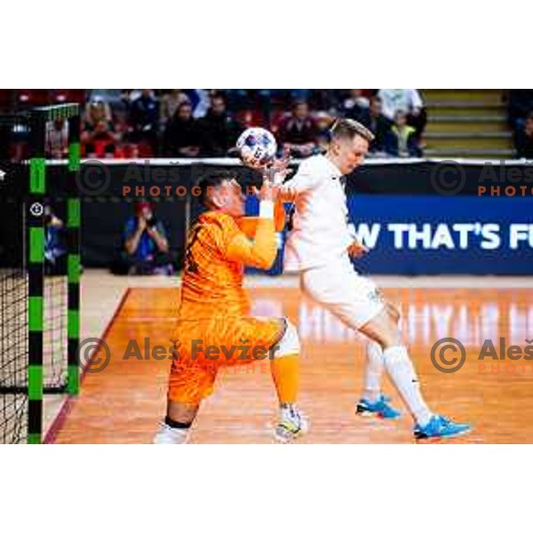 Vinko Rozga of Croatia and Jeremy Bukovec of Slovenia in action during Futsal Friendly match between Slovenia and Croatia in Dvorana Kodeljevo, Ljubljana, Slovenia on October 17, 2025. Photo: Filip Barbalic