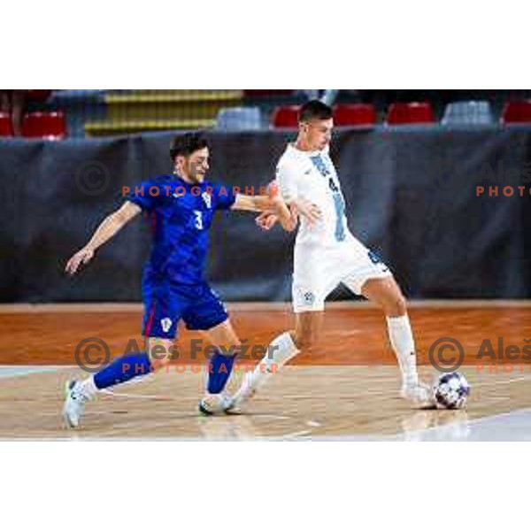 Nikola Gudasic of Croatia and Max Vesel of Slovenia in action during Futsal Friendly match between Slovenia and Croatia in Dvorana Kodeljevo, Ljubljana, Slovenia on October 17, 2025. Photo: Filip Barbalic