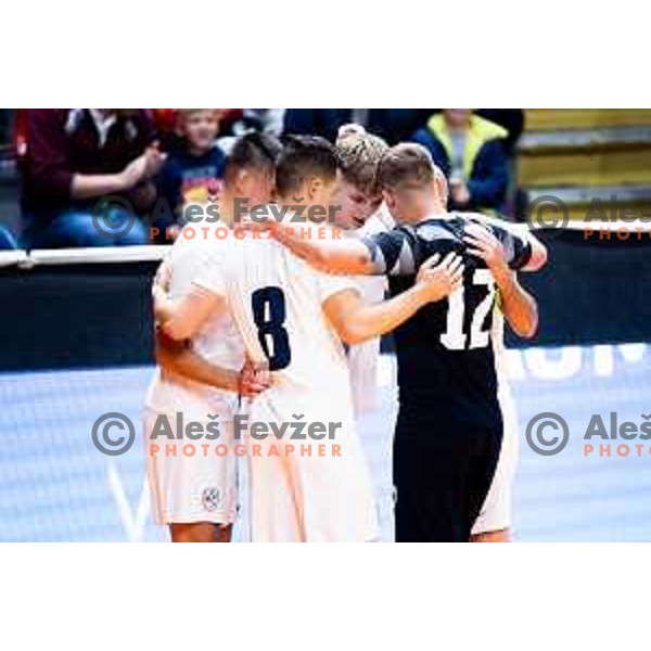 Luka Cop and teammates of Slovenia celebrate goal during Futsal Friendly match between Slovenia and Croatia in Dvorana Kodeljevo, Ljubljana, Slovenia on October 17, 2025. Photo: Filip Barbalic