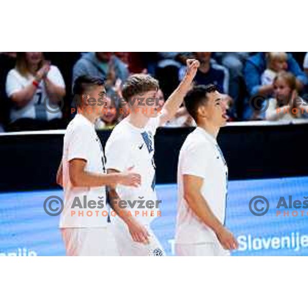 Luka Cop and teammates of Slovenia celebrate goal during Futsal Friendly match between Slovenia and Croatia in Dvorana Kodeljevo, Ljubljana, Slovenia on October 17, 2025. Photo: Filip Barbalic