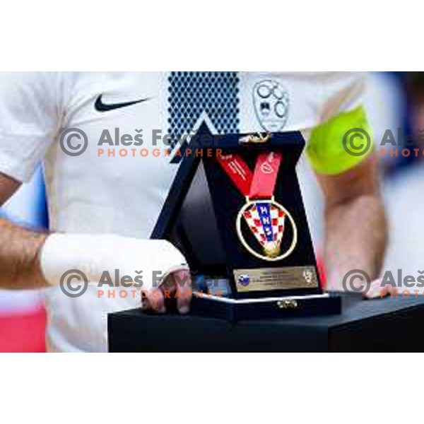 Gift from Croatian Football Federation to Igor Osredkar for his 200th national team appearance at Futsal Friendly match between Slovenia and Croatia in Dvorana Kodeljevo, Ljubljana, Slovenia on October 17, 2025. Photo: Filip Barbalic