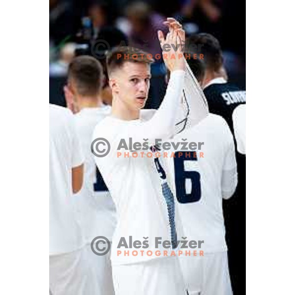 Jeremy Bukovec of Slovenia greets fans after Futsal Friendly match between Slovenia and Croatia in Dvorana Kodeljevo, Ljubljana, Slovenia on October 17, 2025. Photo: Filip Barbalic