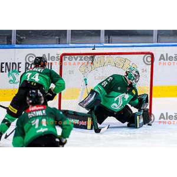 Lukas Horak of SZ Olimpija in action during IceHL 2025/2026 ice-hockey match between SZ Olimpija and Red Bull Salzburg in Tivoli Hall, Ljubljana, Slovenia on October 17, 2025
