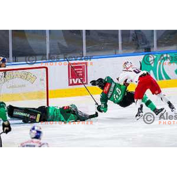 Lukas Horak of SZ Olimpija in action during IceHL 2025/2026 ice-hockey match between SZ Olimpija and Red Bull Salzburg in Tivoli Hall, Ljubljana, Slovenia on October 17, 2025