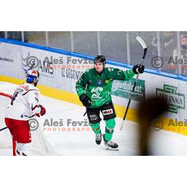 Bine Masic of SZ Olimpija celebrates a goal at IceHL 2025/2026 ice-hockey match between SZ Olimpija and Red Bull Salzburg in Tivoli Hall, Ljubljana, Slovenia on October 17, 2025
