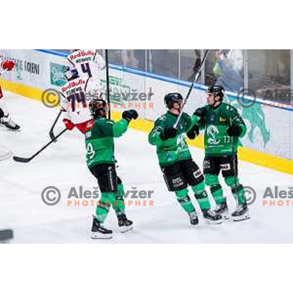 Bine Masic of SZ Olimpija celebrates a goal at IceHL 2025/2026 ice-hockey match between SZ Olimpija and Red Bull Salzburg in Tivoli Hall, Ljubljana, Slovenia on October 17, 2025