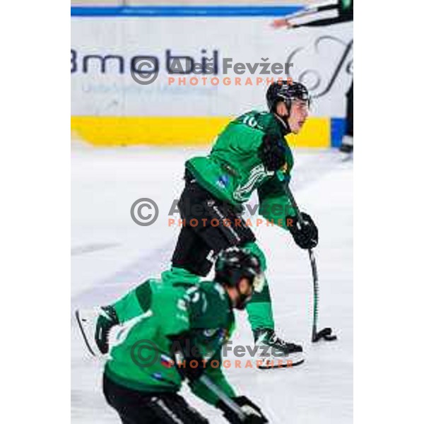of SZ Olimpija in action during IceHL 2025/2026 ice-hockey match between SZ Olimpija and Red Bull Salzburg in Tivoli Hall, Ljubljana, Slovenia on October 17, 2025