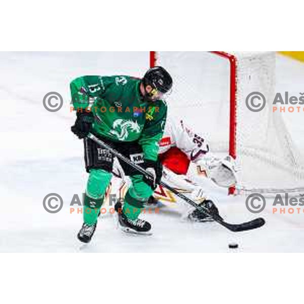 Ziga Pance of SZ Olimpija in action during IceHL 2025/2026 ice-hockey match between SZ Olimpija and Red Bull Salzburg in Tivoli Hall, Ljubljana, Slovenia on October 17, 2025