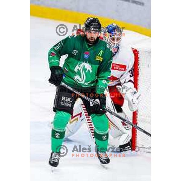 Ziga Pance of SZ Olimpija in action during IceHL 2025/2026 ice-hockey match between SZ Olimpija and Red Bull Salzburg in Tivoli Hall, Ljubljana, Slovenia on October 17, 2025