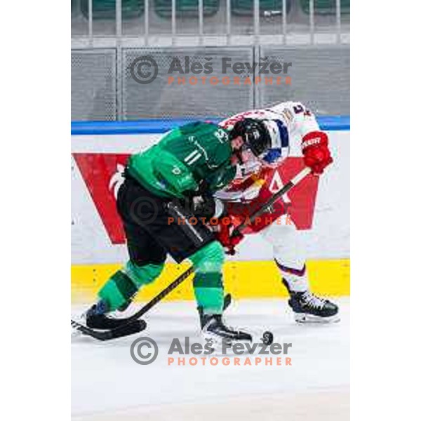 of SZ Olimpija in action during IceHL 2025/2026 ice-hockey match between SZ Olimpija and Red Bull Salzburg in Tivoli Hall, Ljubljana, Slovenia on October 17, 2025