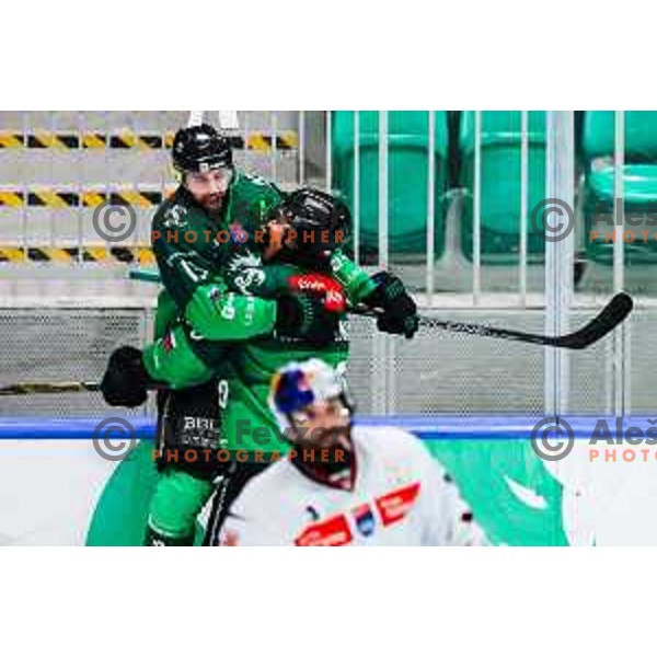 Ziga Pance of SZ Olimpija celebrates a goal during IceHL 2025/2026 ice-hockey match between SZ Olimpija and Red Bull Salzburg in Tivoli Hall, Ljubljana, Slovenia on October 17, 2025