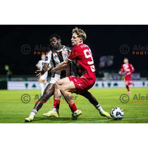 Faad Sana vs Lan Nal Koren in action during Prva liga Telemach 2025/26 football match between NK Aluminij and NK Mura in Sportni park Kidricevo, Slovenia on October 17, 2025. Photo: Jure Banfi