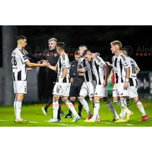 Borna Proleta, Zeljko Filipovic, Nejc Ajhmajer, Dario Vizinger, Luka Bobicanec and Niko Kasalo celebrate goal during Prva liga Telemach 2025/26 football match between NK Aluminij and NK Mura in Sportni park Kidricevo, Slovenia on October 17, 2025. Photo: Jure Banfi