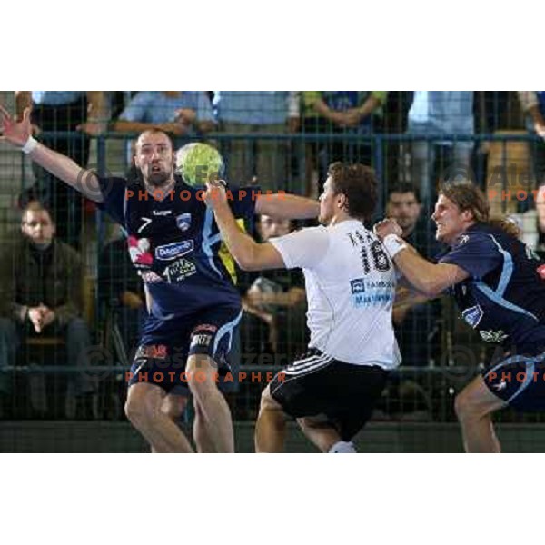 Kavticnik (7), Kraus and Miklavcic at handball match Slovenia- Germany in Qualification for Euro 2010, played in Arena Zlatorog, Celje, Slovenia 2.11.2008. Germany won 27:26 