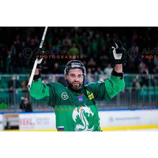 T. J. Brennan of SZ Olimpija celebrates victory at IceHL 2025/2026 ice-hockey match between SZ Olimpija and Red Bull Salzburg in Tivoli Hall, Ljubljana, Slovenia on October 17, 2025