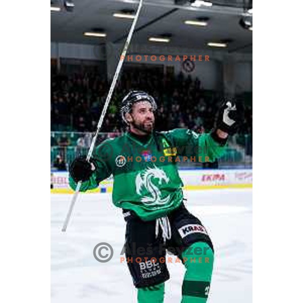 T. J. Brennan of SZ Olimpija celebrates victory at IceHL 2025/2026 ice-hockey match between SZ Olimpija and Red Bull Salzburg in Tivoli Hall, Ljubljana, Slovenia on October 17, 2025