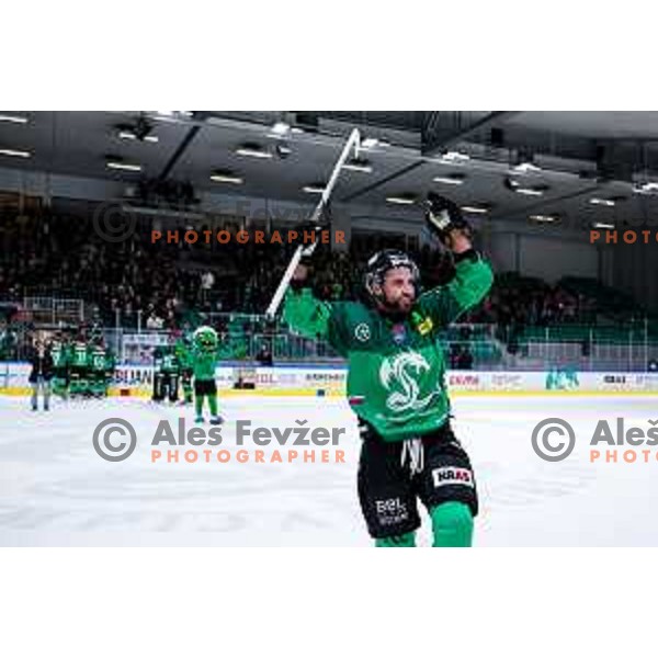 T. J. Brennan of SZ Olimpija celebrates victory at IceHL 2025/2026 ice-hockey match between SZ Olimpija and Red Bull Salzburg in Tivoli Hall, Ljubljana, Slovenia on October 17, 2025