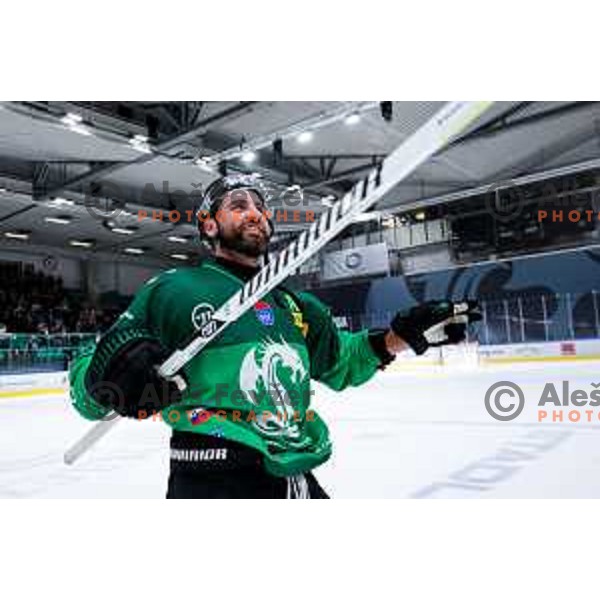 T. J. Brennan of SZ Olimpija celebrates victory at IceHL 2025/2026 ice-hockey match between SZ Olimpija and Red Bull Salzburg in Tivoli Hall, Ljubljana, Slovenia on October 17, 2025