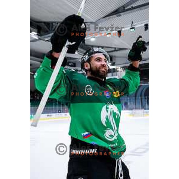 T. J. Brennan of SZ Olimpija celebrates victory at IceHL 2025/2026 ice-hockey match between SZ Olimpija and Red Bull Salzburg in Tivoli Hall, Ljubljana, Slovenia on October 17, 2025