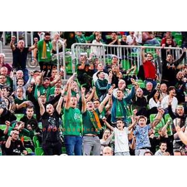 Fans of Cedevita Olimpija cheering during BKT EuroCup 2025-2026 basketball match between Cedevita Olimpija (SLO) and Aris Thessaloniki Betsson (GRE) in SRC Stozice, Ljubljana, Slovenia on October 14, 2025