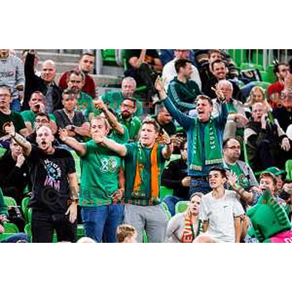 Fans of Cedevita Olimpija cheering during BKT EuroCup 2025-2026 basketball match between Cedevita Olimpija (SLO) and Aris Thessaloniki Betsson (GRE) in SRC Stozice, Ljubljana, Slovenia on October 14, 2025