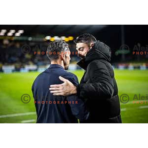 Albert Riera, head coach of NK Celje and Federico Bessone, head coach of NK Olimpija handshake before Prva liga Telemach 2025/26 football match between NK Celje and NK Olimpija in Stadion z’dezele, Celje, Slovenia on October 18, 2025. Photo: Jure Banfi