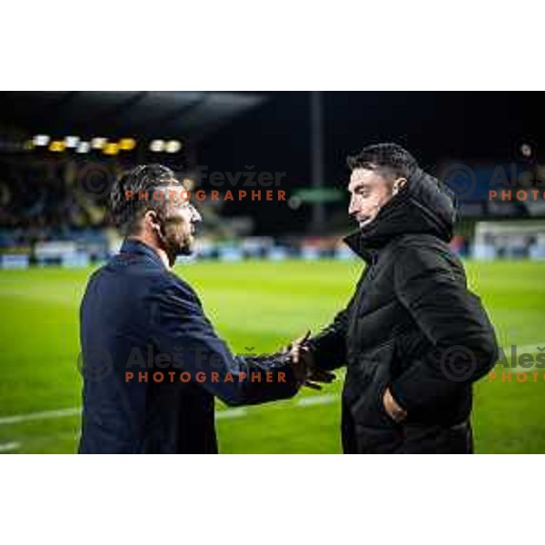 Albert Riera, head coach of NK Celje and Federico Bessone, head coach of NK Olimpija handshake before Prva liga Telemach 2025/26 football match between NK Celje and NK Olimpija in Stadion z’dezele, Celje, Slovenia on October 18, 2025. Photo: Jure Banfi