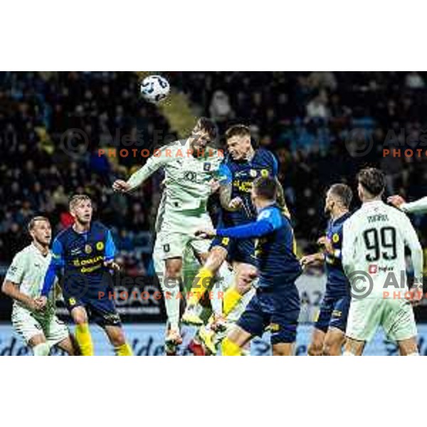 Ahmet Muhamedbegovic vs Franko Kovacevic in action during Prva liga Telemach 2025/26 football match between NK Celje and NK Olimpija in Stadion z’dezele, Celje, Slovenia on October 18, 2025. Photo: Jure Banfi