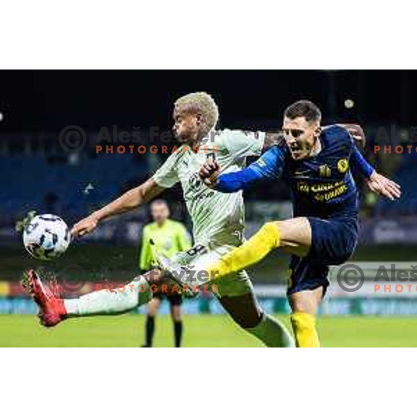 Charles Thalisson vs Mario Kvesic in action during Prva liga Telemach 2025/26 football match between NK Celje and NK Olimpija in Stadion z’dezele, Celje, Slovenia on October 18, 2025. Photo: Jure Banfi