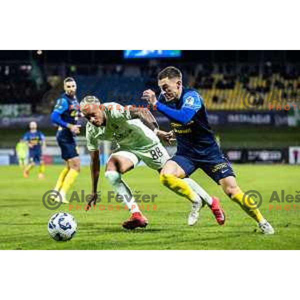 Charles Thalisson vs Mario Kvesic in action during Prva liga Telemach 2025/26 football match between NK Celje and NK Olimpija in Stadion z’dezele, Celje, Slovenia on October 18, 2025. Photo: Jure Banfi