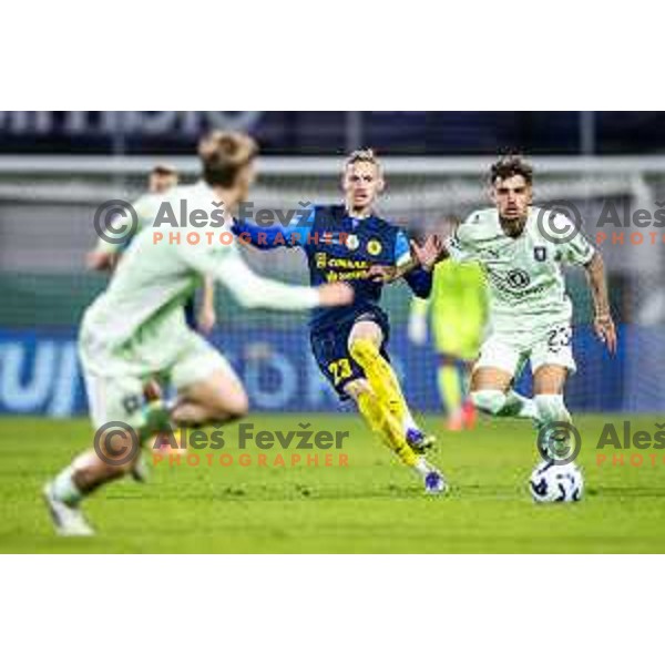 Zan Karnicnik vs Diogo Pinto in action during Prva liga Telemach 2025/26 football match between NK Celje and NK Olimpija in Stadion z’dezele, Celje, Slovenia on October 18, 2025. Photo: Jure Banfi